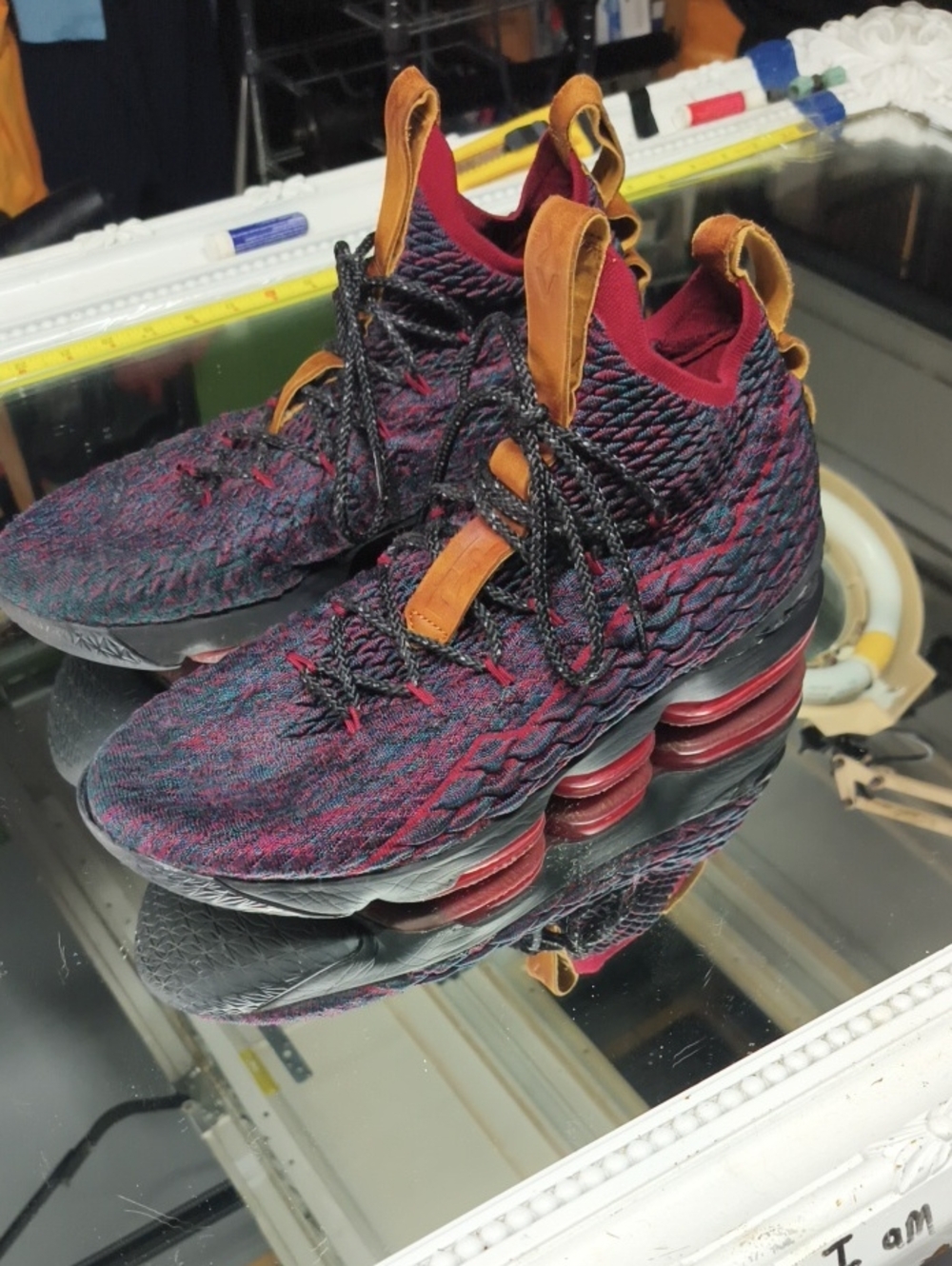 Men's 12 Nike LeBron 15 'New Heights'  navy and red Battle knit With tan Leather